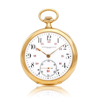 View full screen - View 1 of Lot 8092. A pink gold open face keyless watch with 24 hours indication and white enamel dial, Circa 1900 | 江詩丹頓 | 粉紅金懷錶,備24小時顯示及白色琺瑯錶盤,約1900年製.