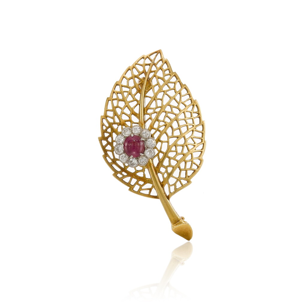 View full screen - View 1 of Lot 162. A ruby and diamond brooch, circa 1970.