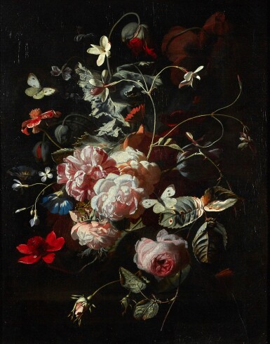 View full screen - View 1 of Lot 227. SIMON PIETERSZ. VERELST | STILL LIFE OF PINK ROSES, POPPIES, JASMINE AND OTHER FLOWERS, IN A GLASS VASE ON A TABLE, WITH BUTTERFLIES.