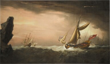 View full screen - View 1 of Lot 136. WILLEM VAN DE VELDE THE YOUNGER AND STUDIO | AN ENGLISH YACHT IN A GALE FORCE WIND.