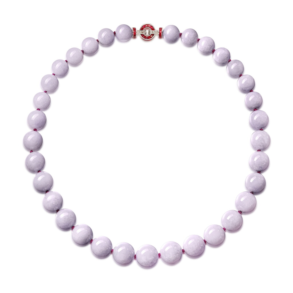 View full screen - View 1 of Lot 2834. Lavender Jadeite Bead, Ruby and Diamond Necklace | 天然紫色翡翠珠 配 紅寶石 及 鑽石 項鏈.