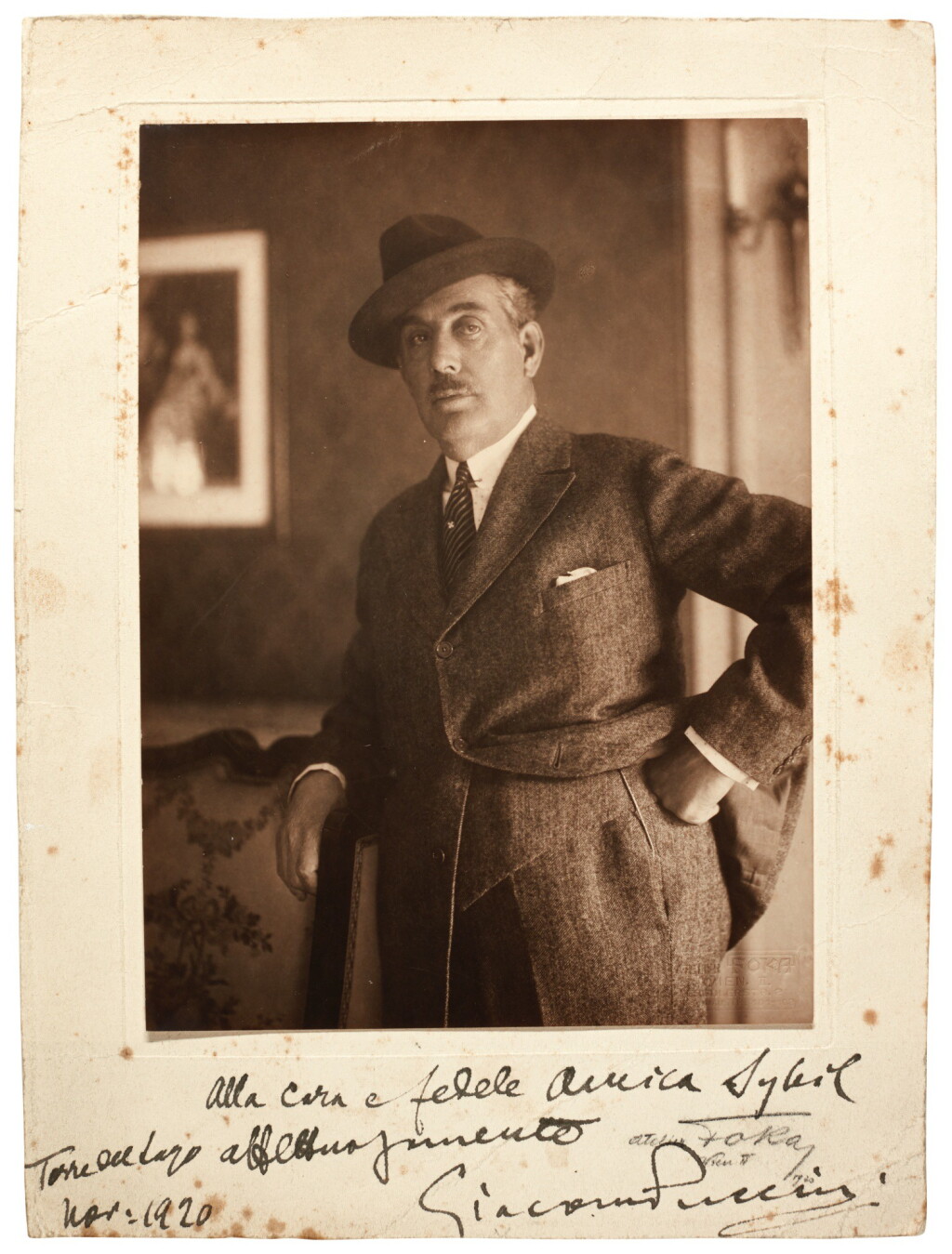 View full screen - View 1 of Lot 79. G. Puccini. Large photograph signed and inscribed to Sybil Seligman, 1920.