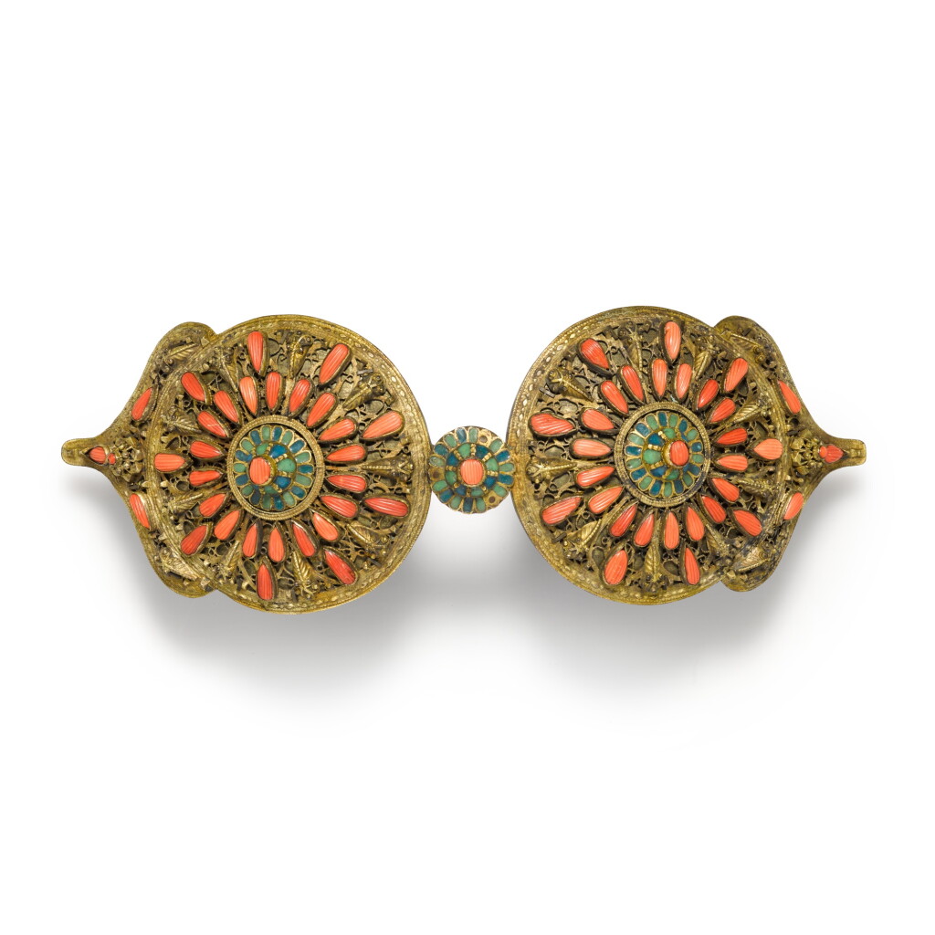 View full screen - View 1 of Lot 150. A coral-set and enamelled silver-gilt belt buckle, Ottoman provinces, early 19th century.