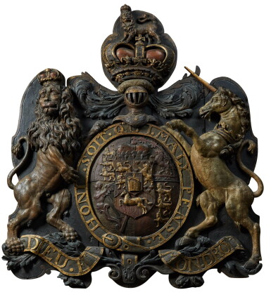 View full screen - View 1 of Lot 59. A CARVED PARCEL-GILT AND POLYCHROME ROYAL COAT-OF-ARMS OF HM KING GEORGE III, ENGLISH, CIRCA 1801-1816.