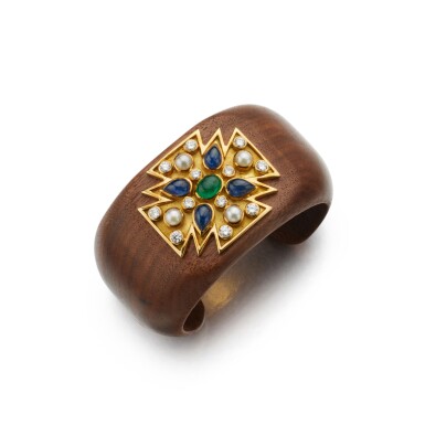 View full screen - View 1 of Lot 188. Wood, Gem-Set and Diamond Cuff-Bracelet.