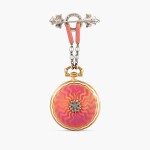 A yellow gold, enamel and diamond-set openface keyless lever pendant watch with matching short chain and platinum and diamond-set brooch, Circa 1905