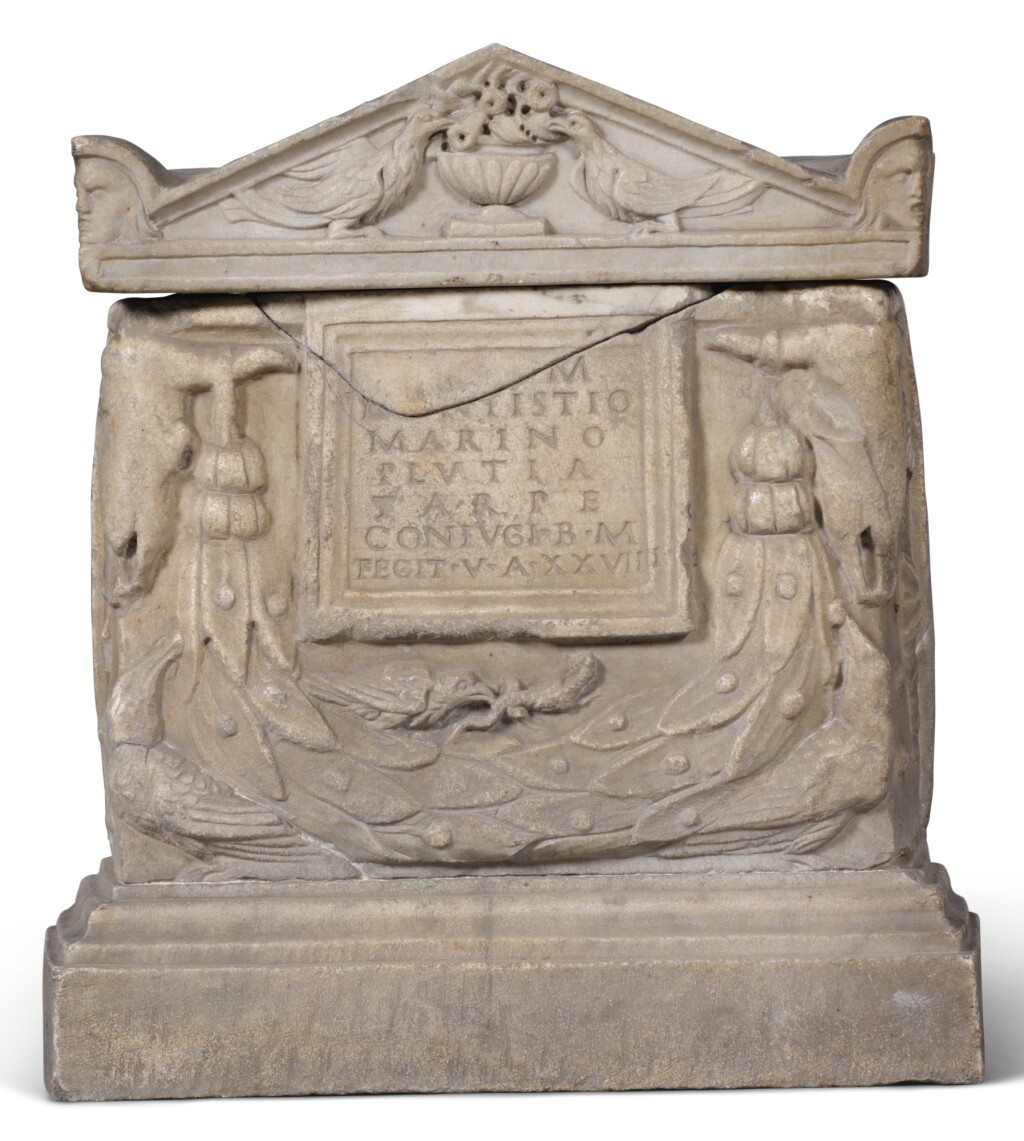 View full screen - View 1 of Lot 223. A ROMAN MARBLE CINERARY URN AND COVER, 1ST/2ND CENTURY A.D., WITH 18TH CENTURY MARBLE BASE AND LID.