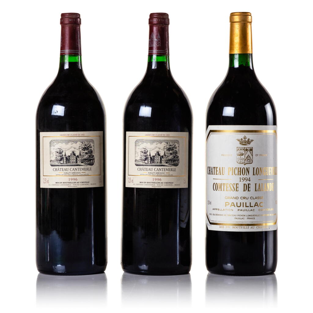 View full screen - View 1 of Lot 250. Château Pichon Longueville, Lalande 1994 (1 MAG) & Château Cantemerle 1996 (2 MAG) .