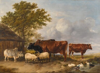 View full screen - View 1 of Lot 146. Cattle and sheep by a bower in a landscape.
