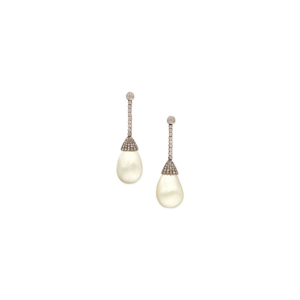View full screen - View 1 of Lot 200. PAIR OF NATURAL PEARL AND DIAMOND EARRINGS.