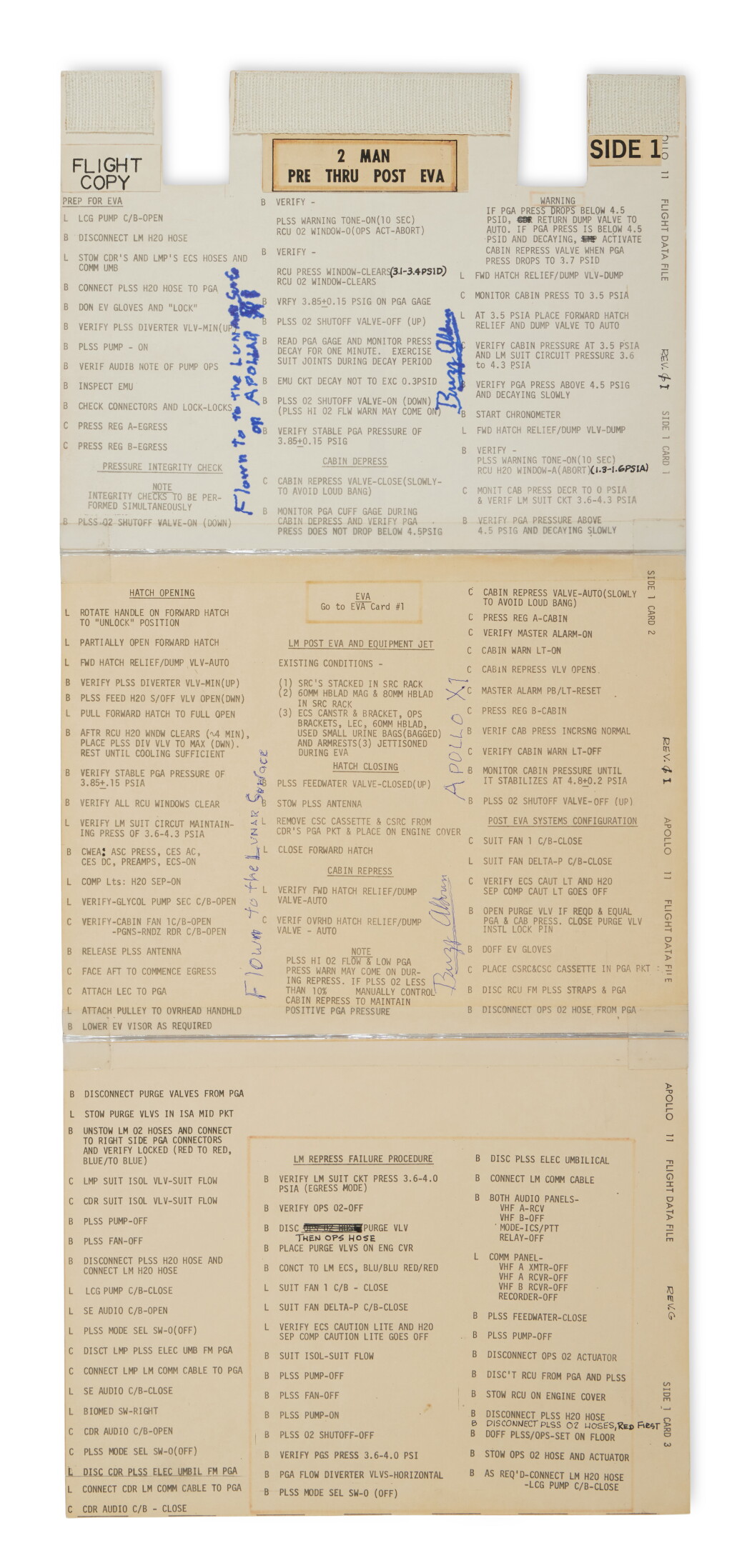 View full screen - View 1 of Lot 19. LUNAR SURFACE FLOWN Apollo 11 LM EVA Checklist Three Piece Cue Card Set.