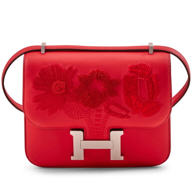 View full screen - View 1 of Lot 31. Limited Edition Rouge de Coeur Swift Embroidered Dancing Flowers Mini Constance 18 Palladium Hardware, 2025.