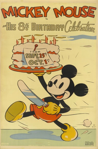 View full screen - View 1 of Lot 108. Mickey Mouse — His 8th Birthday Celebration (1936), special silkscreen, US.