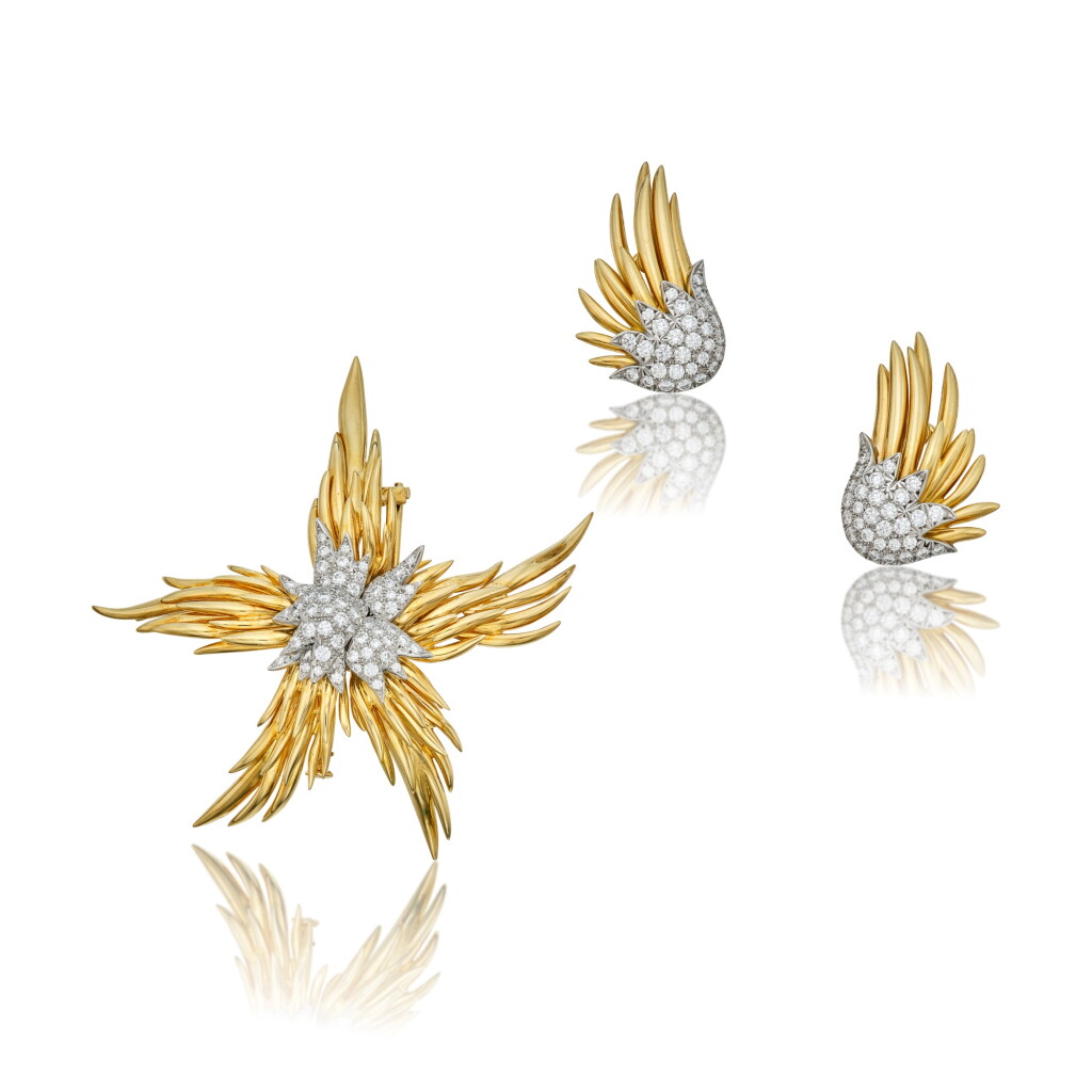 View full screen - View 1 of Lot 521. Gold and Diamond 'Flame' Clip-Brooch and Pair of Earclips .