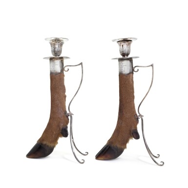 View full screen - View 1 of Lot 43. A pair of Edwardian silver-mounted stag's foot candle holders, Charles Edwards, London, 1901.