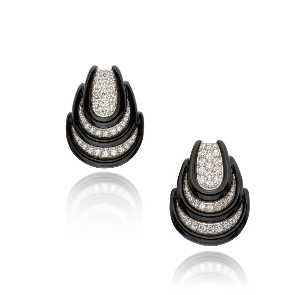 View full screen - View 1 of Lot 172. Pair of Enamel and Diamond Earclips.