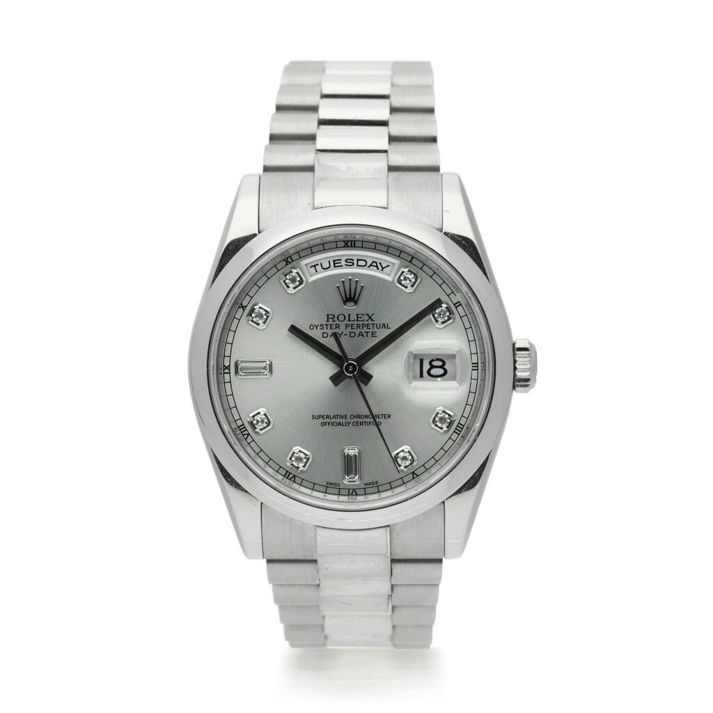 View full screen - View 1 of Lot 304. ROLEX | REFERENCE 118206 DAY-DATE A PLATINUM AUTOMATIC WRISTWATCH WITH DATE, BRACELET, AND DIAMOND-SET INDEXES, CIRCA 2006.