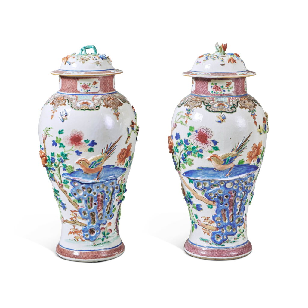 View full screen - View 1 of Lot 614. A Pair of Chinese Export Famille-Rose Molded 'Pheasants' Baluster-Form Vases and Covers, Qing Dynasty, Qianlong Period.
