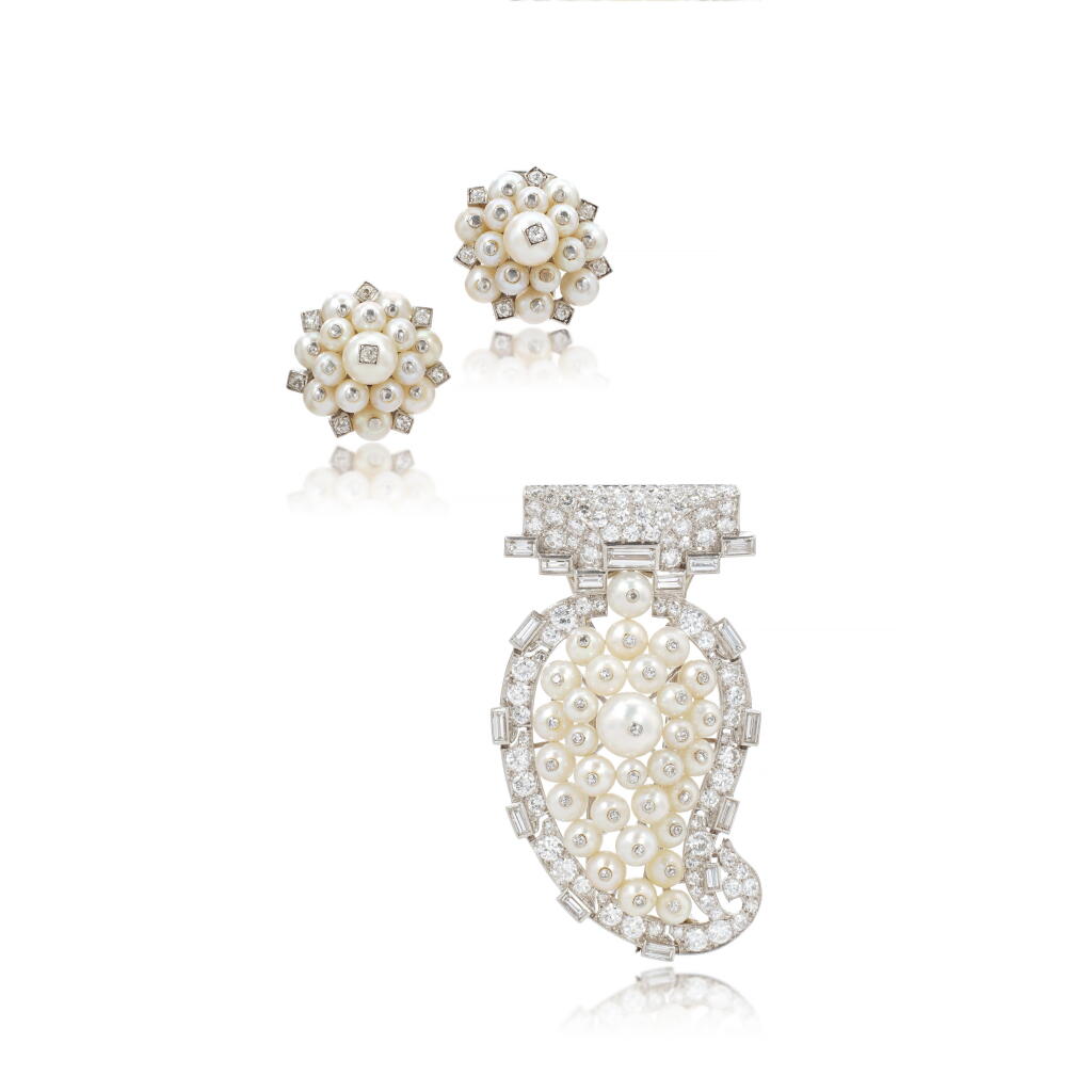 View full screen - View 1 of Lot 541. Pearl and diamond demi-parure, 1930s.
