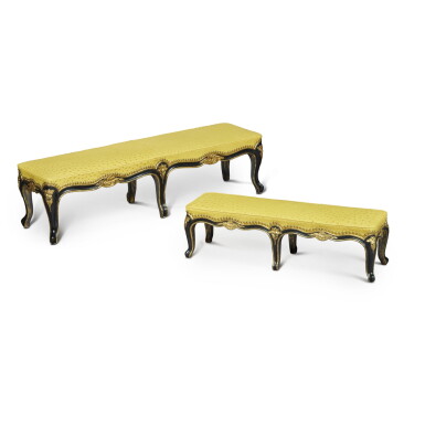 View full screen - View 1 of Lot 1163. Two Louis XV Style Black-Painted Wood Low Benches.