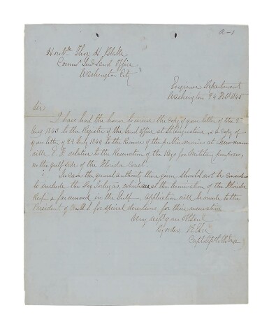 View full screen - View 1 of Lot 83. Lee, Robert E. A letter regarding the reservation of the Florida Keys for military forces.
