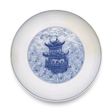 View full screen - View 1 of Lot 51. A rare blue and white 'pavilion' dish, Mark and period of Kangxi | 清康熙 青花海屋添籌圖盤 《大清康熙年製》款.