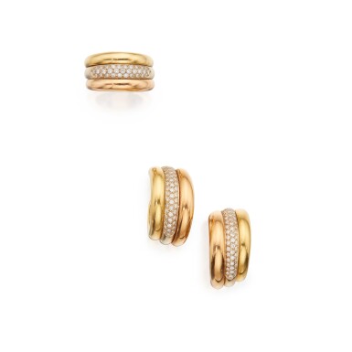 View full screen - View 1 of Lot 167. Three-Color Gold and Diamond Ring and Pair of Earclips.