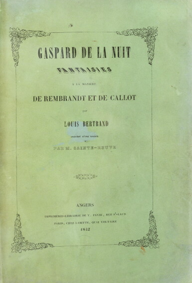 View full screen - View 1 of Lot 72. Gaspard de la nuit. 1842. In-8. Demi-maroquin de P.L. Martin. Rarissime édition originale.