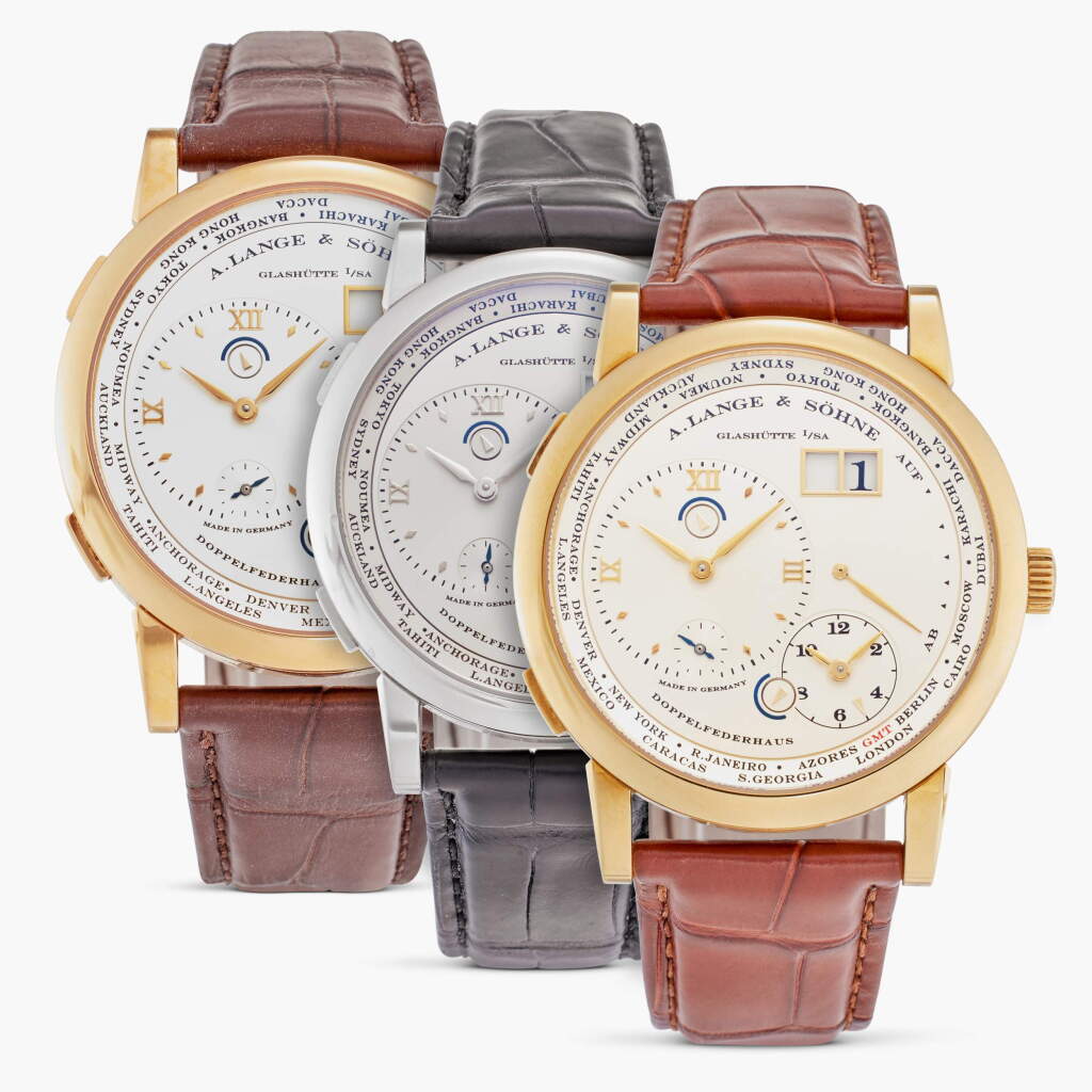 View full screen - View 1 of Lot 84. References 116.021, 116.025 & 116.032 Lange 1 Zeitzone | A set of three limited edition GMT world time wristwatches with date, power reserve, and double day/night indications Circa 2005.