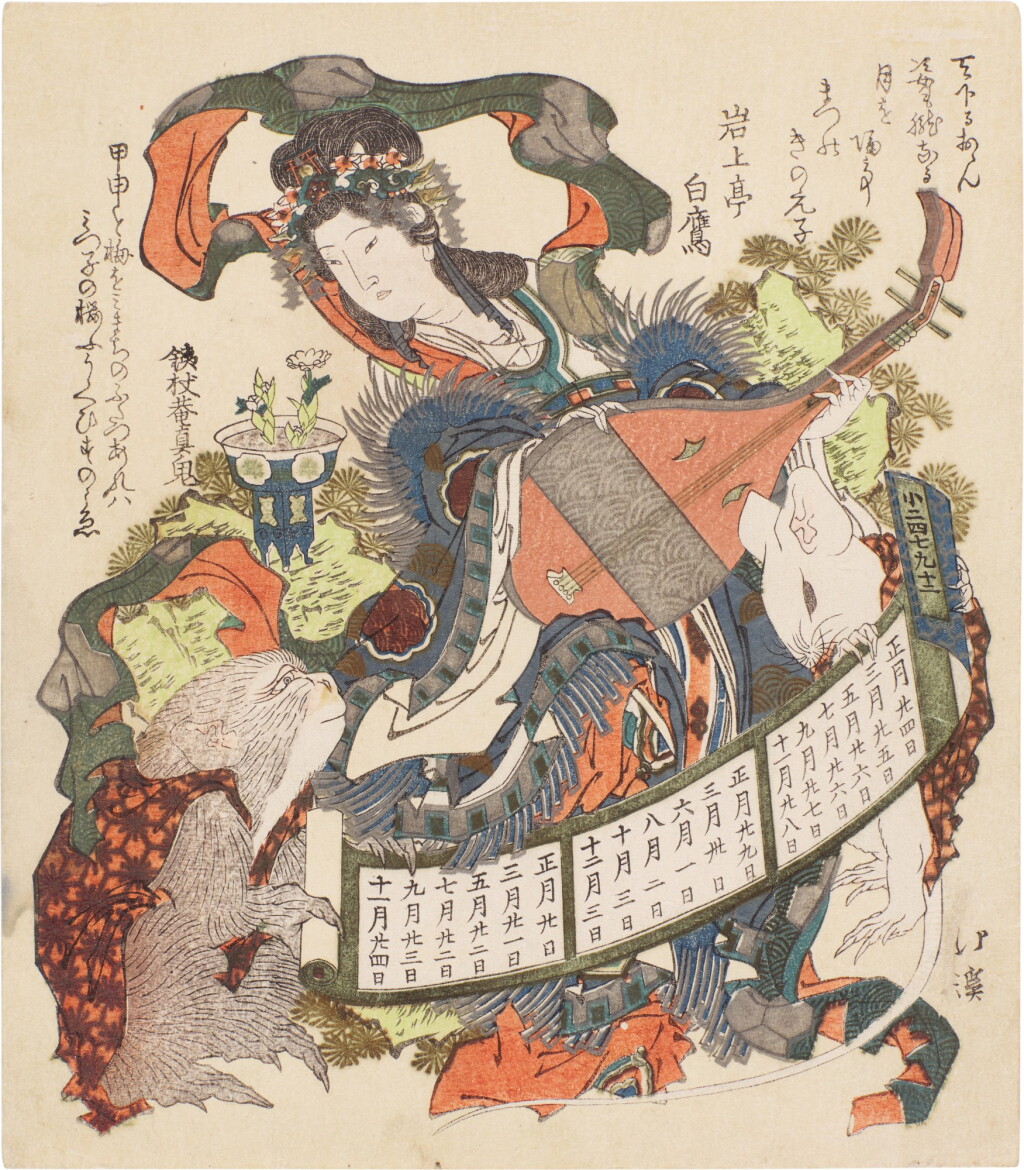 View full screen - View 1 of Lot 38. Totoya Hokkei (1780-1850) | The Deva Benzaiten with a Monkey and a Rat | Edo period, 19th century.