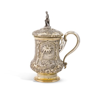 View full screen - View 1 of Lot 281. A parcel-gilt silver trompe l'oeil covered tankard, Ovchinnikov, Moscow, 1866.