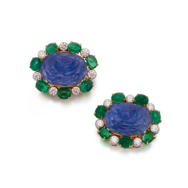 View full screen - View 1 of Lot 535. Pair of Carved Sapphire, Diamond and Emerald Earclips.