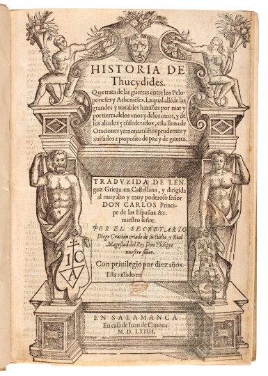 View full screen - View 1 of Lot 174. Thucydides, historia...traduzida...por Diego Gracian, Salamanca, 1564, modern vellum.