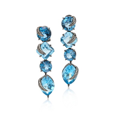 View full screen - View 1 of Lot 157. Blue Topaz and Diamond Earrings.
