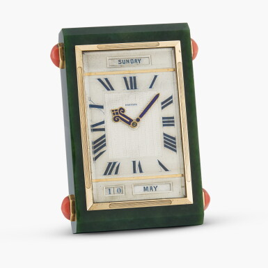 View full screen - View 1 of Lot 313. A nephrite, coral and gold paperweight desk clock with calendar | Circa 1925.