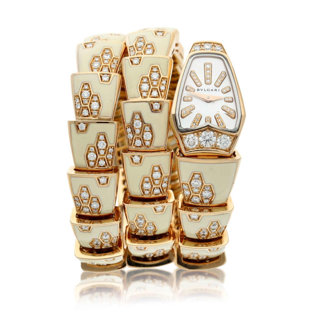 View full screen - View 1 of Lot 55. Reference SP P 26 G Serpenti A pink gold, mother-of-pearl, diamond-set and enamel bracelet watch, Circa 2015.