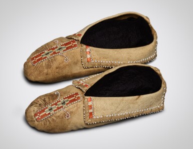 View full screen - View 1 of Lot 9. Pair of Quilled and Beaded Hide Moccasins, Northeastern Woodlands, possibly Haudenosaunee.