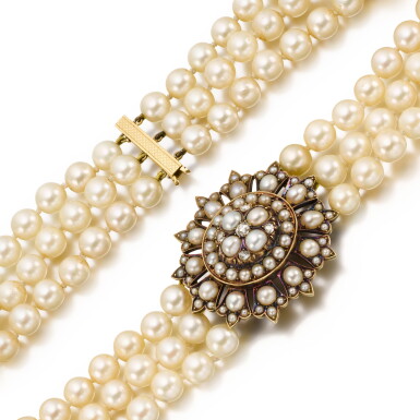 View full screen - View 1 of Lot 9. Pearl, seed pearl and diamond choker.