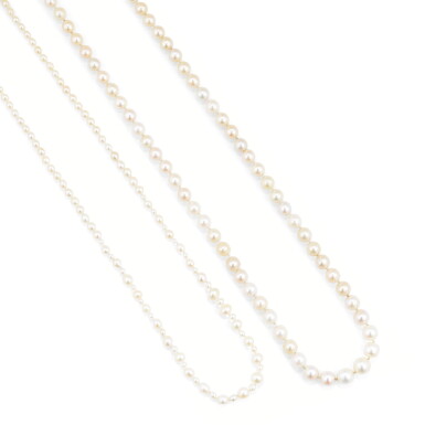View full screen - View 1 of Lot 111. DEUX COLLIERS DE PERLES FINES | TWO NATURAL PEARL NECKLACES.