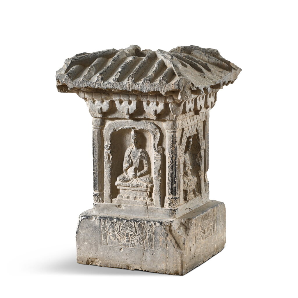 View full screen - View 1 of Lot 3025. A black stone Buddhist votive stele, Northern Wei dynasty | 北魏 石雕佛幢台.