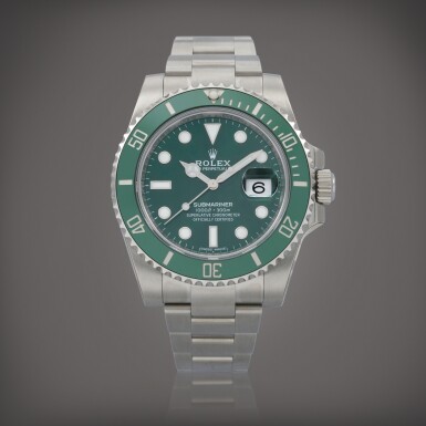 View full screen - View 1 of Lot 428. Submariner 'Hulk' stickered, reference 116610LV Montre bracelet en acier avec date | Stainless steel wristwatch with date and bracelet Vers 2017 | Circa 2017.