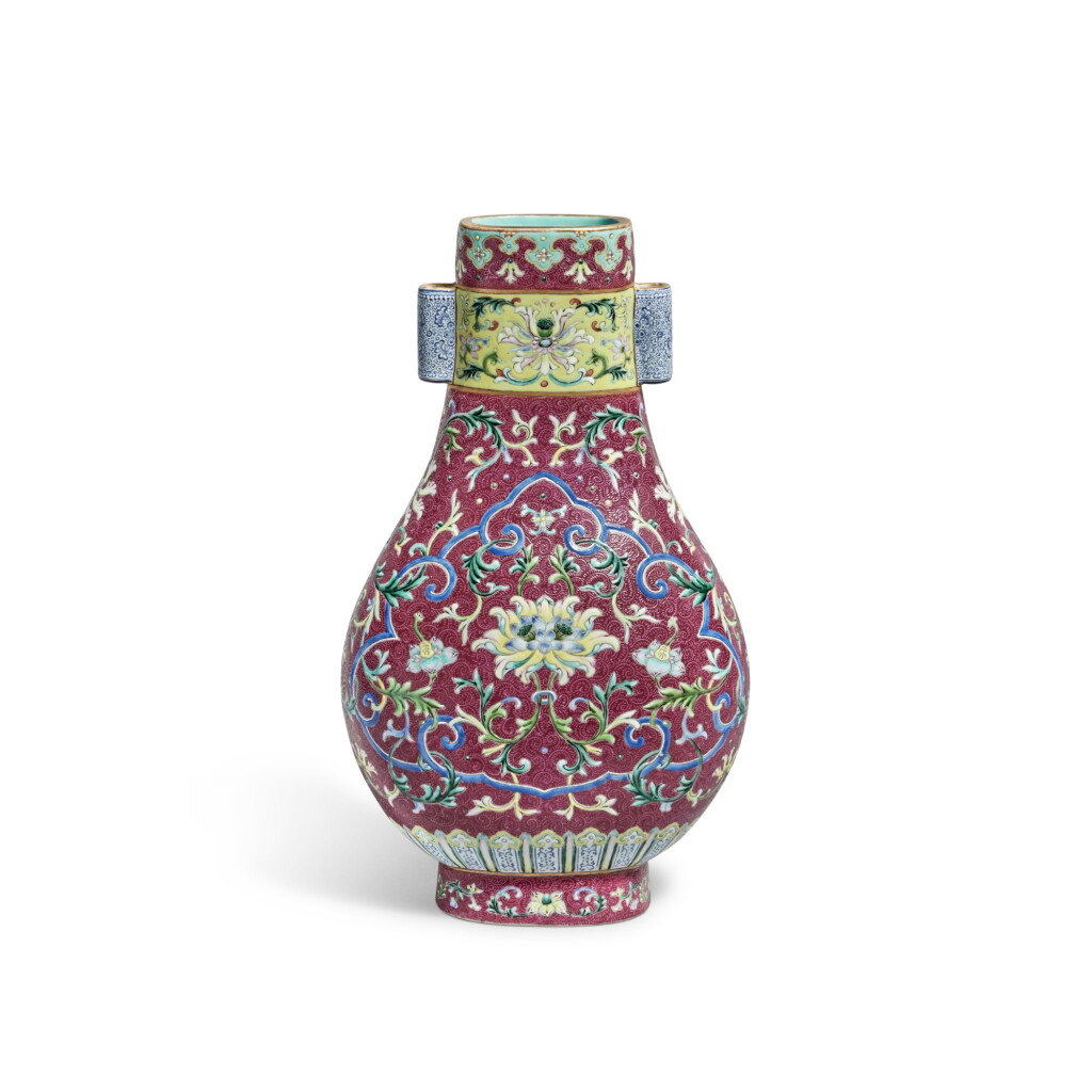 View full screen - View 1 of Lot 151. An impressive ruby-ground 'yangcai' sgraffiato 'lotus' vase, Seal mark and period of Qianlong.