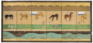 View full screen - View 1 of Lot 39. ANONYMOUS, HORSES IN A STABLE | EDO PERIOD, 19TH CENTURY.