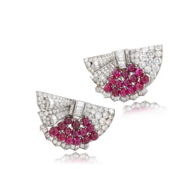View full screen - View 1 of Lot 55. Ruby and diamond double clip | Coppia di clip in rubini e diamanti.