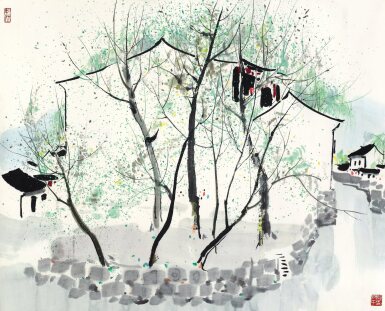 View full screen - View 1 of Lot 3019. 吳冠中 江南小鎮 │ Wu Guanzhong, River Town in Jiangnan.