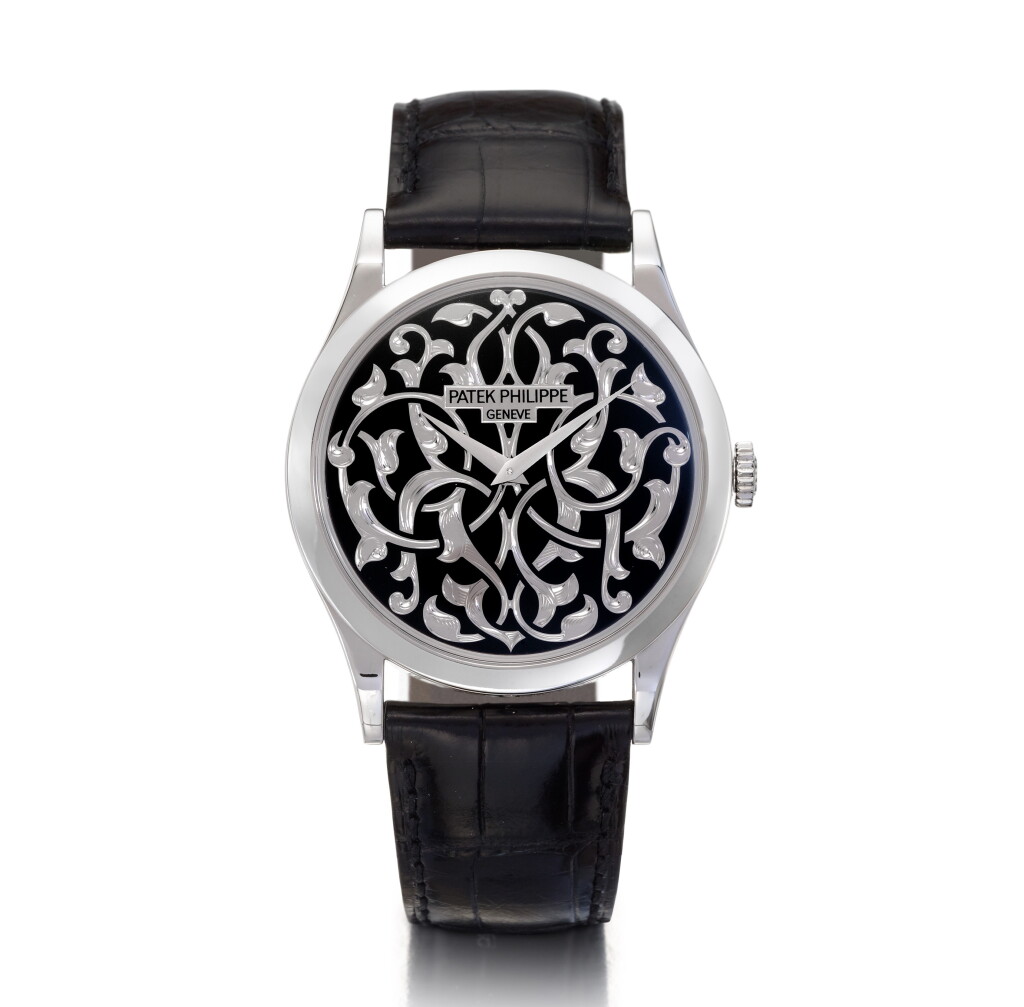 View full screen - View 1 of Lot 27. Reference 5088/100P-001 Rare Handcrafts, Retailed by Tiffany & Co.: A platinum wristwatch with champlevé black enamel dial, accompanied by white gold cufflinks, Circa 2014 百達翡麗 5088/100P-001型號 Rare Handcrafts 鉑金腕錶配雕刻內填琺瑯錶盤,附白金袖扣一對,約2014年製,零售商為蒂芙尼.