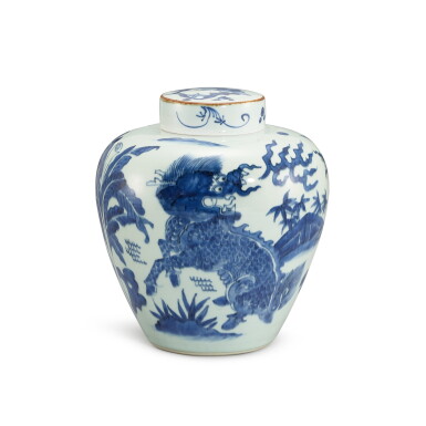 View full screen - View 1 of Lot 325. A blue and white ‘qilin’ jar and cover, Qing dynasty, Shunzhi period 清順治 青花芭蕉麒麟紋蓋罐.