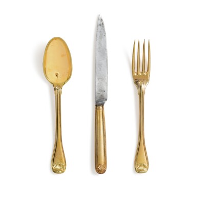 View full screen - View 1 of Lot 859. A 36-piece French silver-gilt dessert flatware service, Gottffried Imlin & Jacob Heinrich Henri Alberti, Strasburg, 1768-1770.