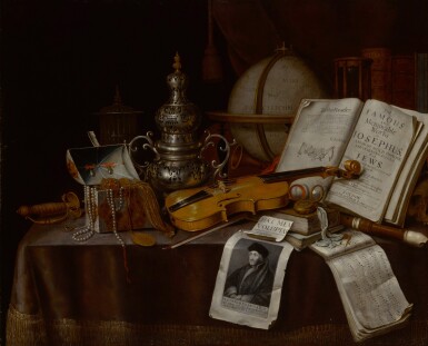 View full screen - View 1 of Lot 60. Vanitas still life with a violin, silver incense burner, globe, sword, box of jewelry, and manuscripts.