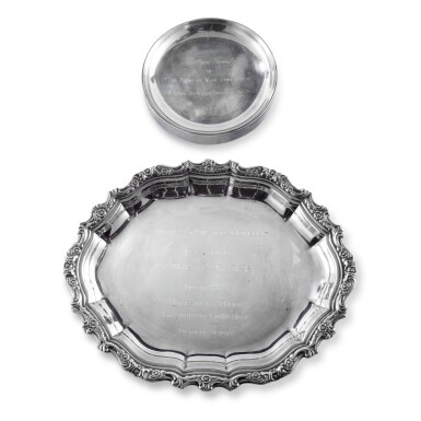 View full screen - View 1 of Lot 28. Kathryn Crosby: Two Silver-Plated Personalized Trays, Second Half of 20th Century.